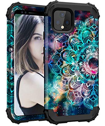 Hocase Google Pixel 4 Case, Shockproof Heavy Duty Protection Hard Plastic Silicone Rubber Bumper Hybrid Protective Case with Cute Flower Design for Google Pixel 4 (5.7") 2019 - Mandala in Galaxy