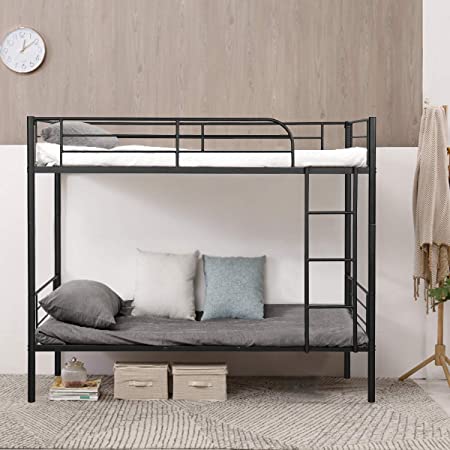 Giantex Metal Bunk Bed Twin Over Twin, Removable Ladder and Safety Guard Rails, Space Saving Design, Heavy Duty Twin Bed Frame for Kids Adult Children Bedroom Dorm (Black)