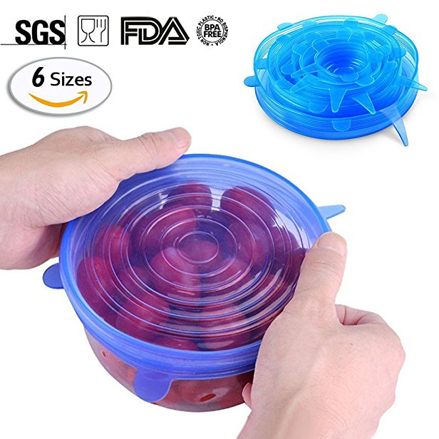 Silicone Stretch Lids, [6 Pack of Various Sizes] Foloda Reusable Durable and Expandable BPA Free Containers Covers for Bowl, Dishes, Dishwasher, Jars, Oven, Microwave-Blue