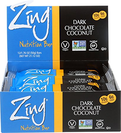 Zing Nutrition Bar, Dark Chocolate Coconut, 1.76 oz.,12 Count