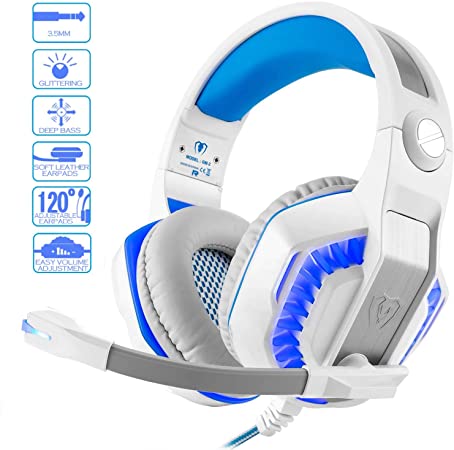 Pro Gaming Headset for PC PS4 Xbox One with Mic. Over-Ear Headphones for Laptop Games with Noise Cancelling Stereo 53mm Driver Memory Earmuffs Volume Control Gift for Kids
