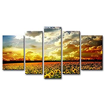 Canvas Print Wall Art Picture Beautiful Yellow Sunflowers Colourful Sky Background Golden Sunset 5 Pieces Modern Giclee Stretched And Framed Artwork The Flower Pictures Photo Prints On Canvas