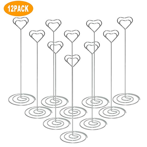 Childom 12 Pack 8.75 Inch Tall Table Number Stand,Love Heart Tall Place Card Holder Memo Photo Stand Holder Metal for Wedding Party Restaurant Menu Banquet or Photo Heavy Base Tabletop Card Holder