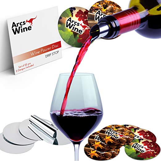 Wine Pourer Disc Set of 22 with 2 Designs – Best Drip Stop Pour Spouts – Thin Flexible and Reusable Drop Stop Disks