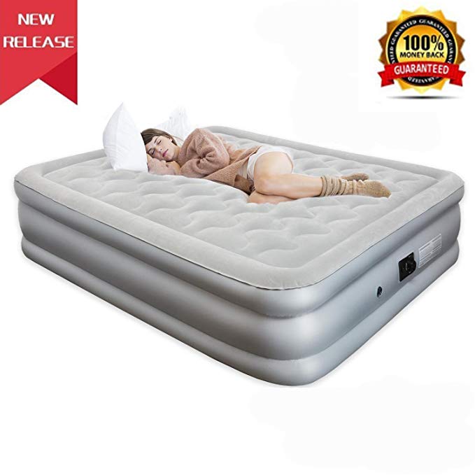 JEAREY Air Mattress with Built-in Pump - Premium Queen Size Air Mattress Inflatable Air Bed - Elevated Raised Air Mattress with Thick and Waterproof Comfort Flocking Top