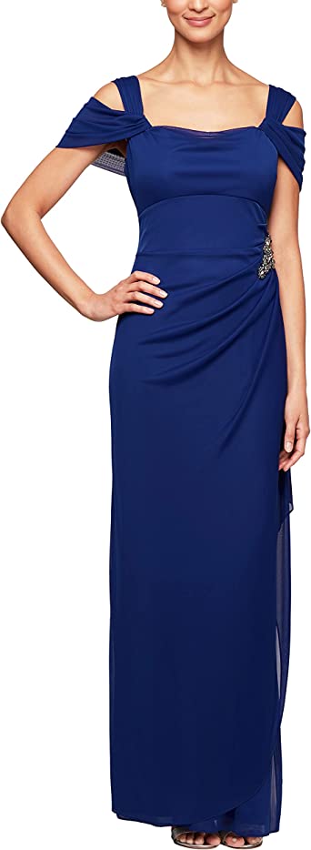 Alex Evenings Women's Long Cold Shoulder Dress (Petite and Regular Sizes)