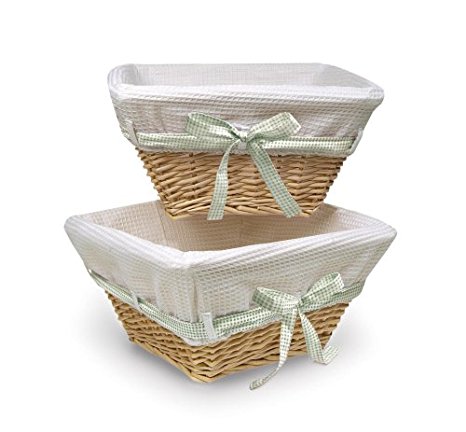 Badger Basket Natural Wicker Nursery Basket with White Waffle Liner and 4 Ribbons  Set of Two