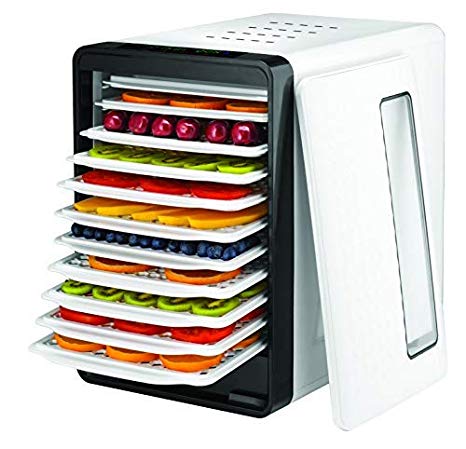 Gourmia GFD1858 Digital 10 Tray Food Dehydrator | Digital Touch Temperature Control | 10 Drying Trays Plus Beef Jerky and Sausage Hanging Rack | Sleek Design | Transparent Window | Free Recipe Book Included (White)