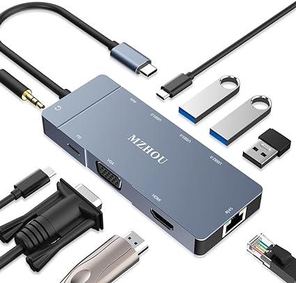 MZHOU Hub USB C, adaptador 9 en 1 tipo C a VGA HDMI RJ45 Gigabit USB3.0 2.0 PD C Puerto datos 3.5 Audio Compatible con MacBook Pro Air y más dispositivos tipo C