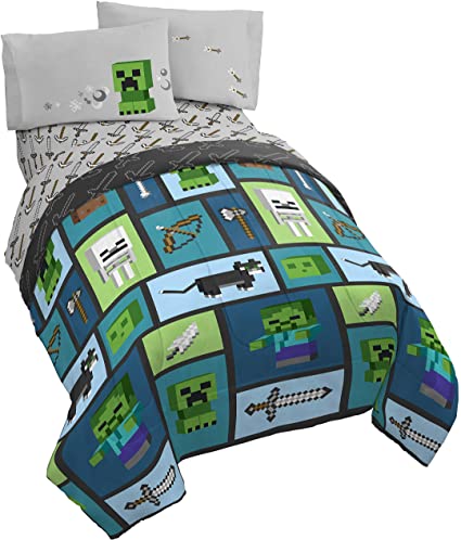 Minecraft Chibi College 4 Piece Twin Bed Set - Includes Reversible Comforter & Sheet Set - Bedding Features Creeper & Ghost - Super Soft Fade Resistant Microfiber - (Official Minecraft Product)