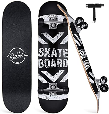 BELEEV Skateboards for Beginners, 31"x8" Complete Skateboard for Kids Teens & Adults, 7 Layer Canadian Maple Double Kick Deck Concave Cruiser Trick Skateboard with All-in-One Skate T-Tool