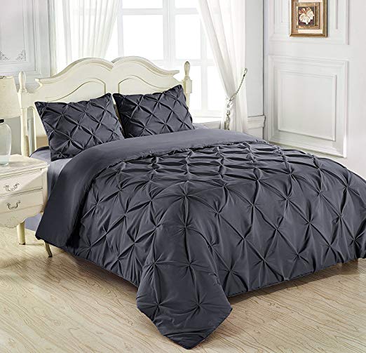 King and Queen Home Reinforced Double Stitch 3 Piece Pinch Pleat Comforter Set (King, Grey)