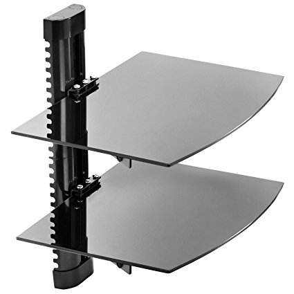 Mount Factory - Adjustable Wall Mount / Glass Floating AV DVD Component Shelf - 2 Tier - Black