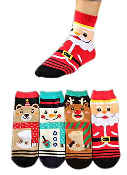 AnVei-Nao Women Girl Christmas Snowman Elk Santa Claus Cotton Crew Socks 4 Pack