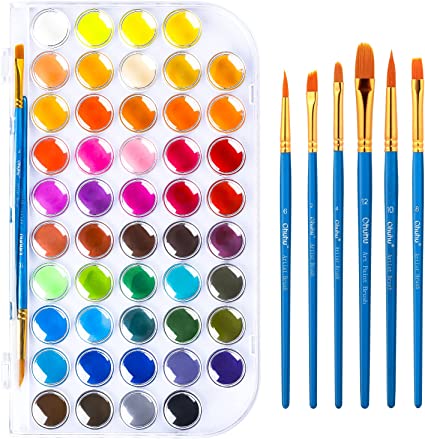 48 Color Watercolor Set, Ohuhu Artists Fundamentals Watercolor Pan Set Vibrant Water-Color Cakes, with a Variety of 6 Paintbrushes for Watercolor Paints, Acrylic Painting, Adults & Kids Aquarelle Kit