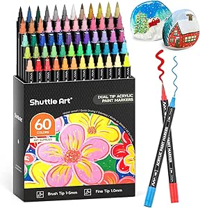 Shuttle Art Dual Tip Acrylic Paint Pens, 60 Colours Fine & Brush Paint Marker Pens, Paint Pens for Rock Painting, Ceramic, Wood, Fabric, Glass, Art Marker Pen Set for Kids Adults on Christmas Easter