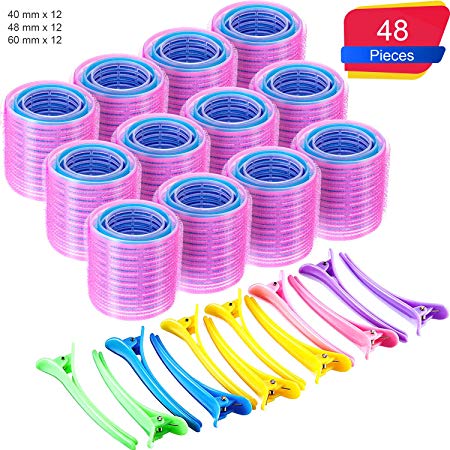 Super Jumbo Self Grip Hair Rollers Set 36 Count Mega Jumbo Large Self Holding Rollers and 12 Duck Teeth Bows Hairdressing Curlers for Women, Men (60 mm, 48 mm, 40 mm, 48 Pieces)