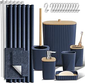 Clara Clark Bathroom Accessories Set - Navy Bathroom Set, Bathroom Sets with Shower Curtain and Rugs, 22PC Shower Curtain Set with Bathroom Trash Can