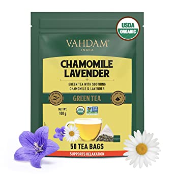 VAHDAM Organic Chamomile Lavender Tea Bags - 50 Units | for Stress Relief & Good Sleep | 100% Fresh and Organic Chamomile Tea, 50 Pyramid Tea Bags