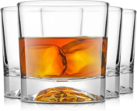 JoyJolt Radiant Crystal Whiskey Glasses Set 4 'Mountain' Whiskey Glass. 10oz Old Fashioned Glass. Rocks Glass Scotch Glasses, Bourbon Glass Tumbler, Liquor Drink Glasses or Short Cocktail Glass