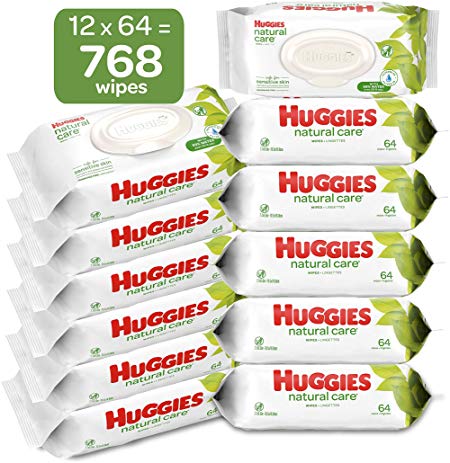 HUGGIES Natural Care Unscented Baby Wipes, Sensitive, Water-Based, 12 Total Flip Top Packs, 768 Count