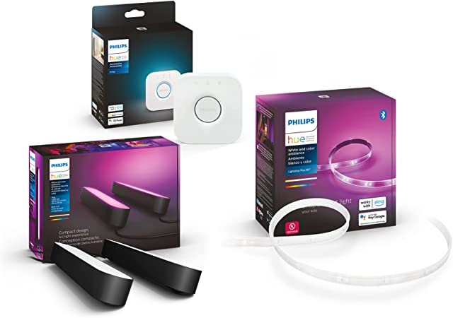 Philips Hue Play PC Gaming Starter Kit (2 Play Bars, Hue Hub, 6ft Lightstrip), Sync Lights with PC Monitor, Music, and Games