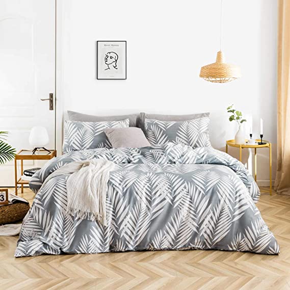SUSYBAO 3 Piece Duvet Cover Set 100% Egyptian Cotton King Size Botanical Plant Print Bedding Set 1 White Palm Tree Leaves Duvet Cover with Zipper Ties 2 Pillowcases Hotel Quality Ultra Soft Breathable