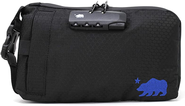 Cali Crusher Combo Pouch (8in x 5in) | Cushioned Protective Padding | 100% Smell Proof w/Combination Lock | Side Release Buckle Strap (Black/Blue)