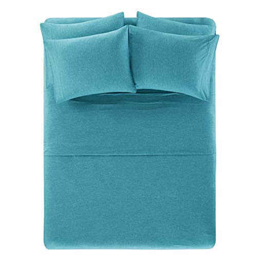 Comfort Spaces Cotton Jersey Knit Sheets Set - Ultra Soft Twin Bed Sheets with Deep Pocket - Teal Bedding Sets Includes 4 Pieces [ 1 Fitted Sheet,1 Flat Sheet, and 2 Pillow Cases ] Twin Size Sheets