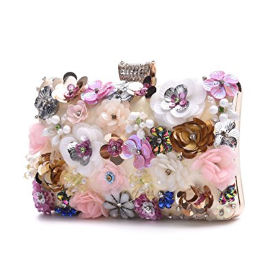 Evening Clutch Bag Satin Flower Pearl Beaded Evening Handbag Bridal Clutch Purse Prom