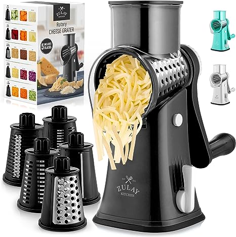 Rotary Cheese Grater with Handle & Upgraded Suction Base - Cheese Shredder with 5 Interchangeable Stainless Steel Blades - Multifunctional Vegetable Cutter & Nut Grinder with Blade Storage Box (Black)