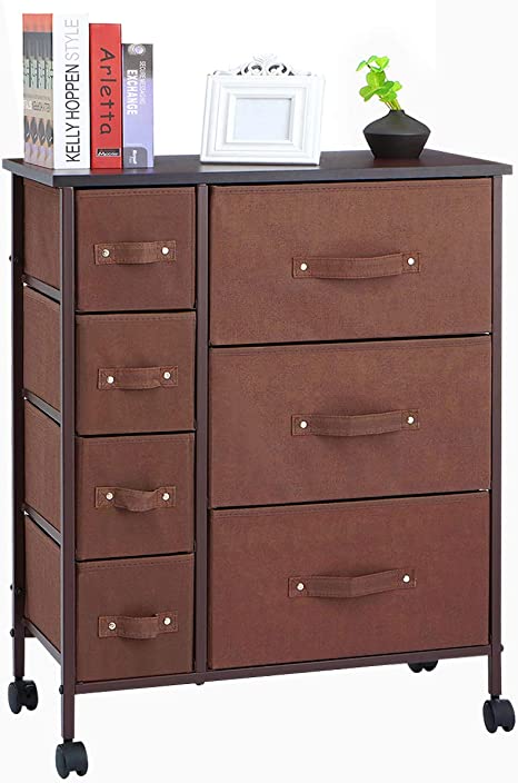 7 Drawers Dresser - KINGSO Furniture Storage Tower Organizer Unit with Sturdy Steel Frame and Easy-Pull Chest of Drawers for Bedroom Living Room Guest Room Dorm Closet - Coffee