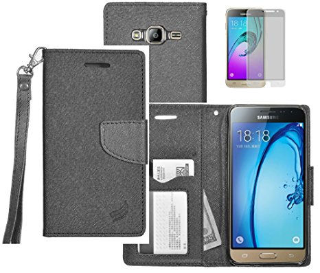 Tempered Glass PU Leather Flip Wallet Case Cover w/Card Storage and Strap for Samsung Galaxy J3 / J3V 2016 / Sol / Amp Prime / Express Prime / J3 Sky 4G LTE Phone (Black)