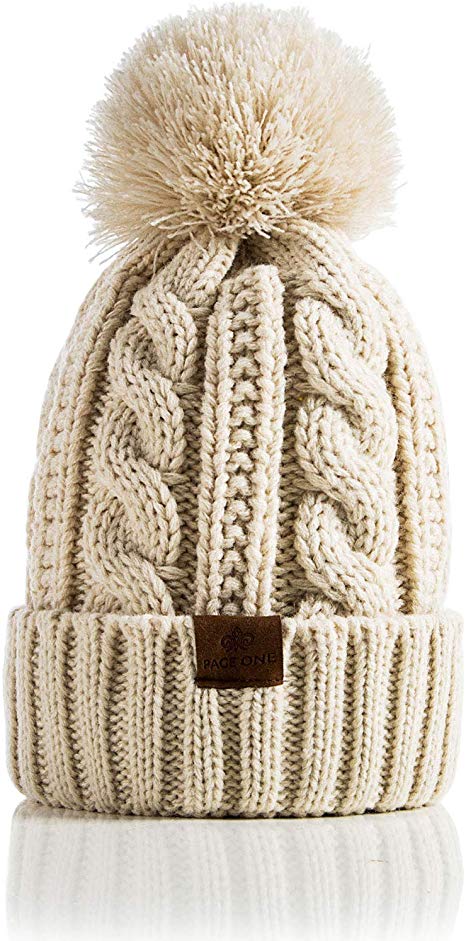 PAGE ONE Women Winter Knit Hat Warm Fleece Lined Pom Pom Beanie Hat