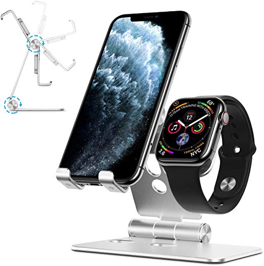 Cell Phone Stand for Apple Watch - OMOTON 2 in 1 Aluminum Foldable Charging Dock Stand for Apple Watch 5/4/3/2/1 and iPhone 11/11 Pro/11 Pro Max/XR/Xs/Xs Max,Silver