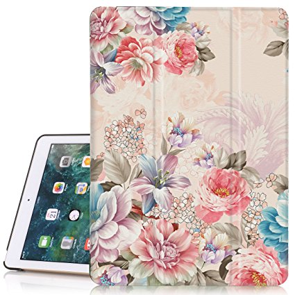 iPad 5th Generation Case, Hocase PU Leather Smart Case w/ Cute Floral Print, Auto Sleep/Wake Feature, Microfiber Lining Hard Back Cover for iPad Model A1822/A1823 9.7" 2017 - Peony Flowers