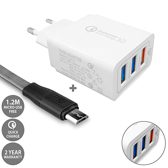 LCARE QC 3.0 Wall Charger with 3 USB Port in-Built Auto-detect Technology for All Smartphones (White)