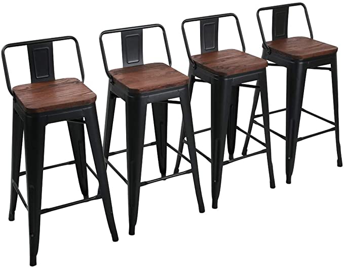 Yongchuang Metal Bar Stools Counter Height Stools Industrial Barstools Set of 4 (30", Matte Black Wood Top Low Back)