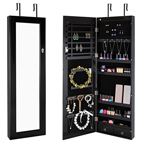 Lifewit Lockable Full Length Mirrored Jewelry Cabinet, Wall Door Mounted Bedroom Armoire, Makeup Organizer with LED Light, Black