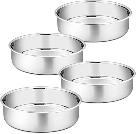 8 Inch Cake Pan Set of 4, P&P CHEF Stainless Steel Round Baking Pans Layer Cake Pans Tin Set, Mirror Polished & Dishwasher Safe, Non Toxic & Healthy