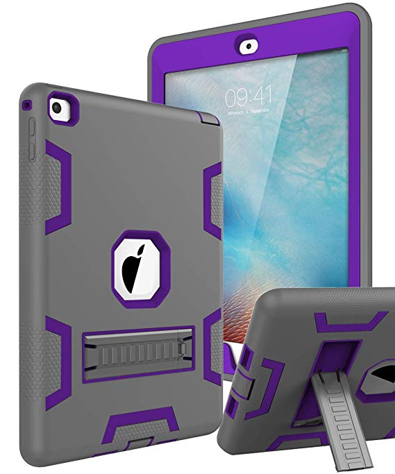 Topsky Case for iPad Air 2,Three Layer Kickstand Soft Silicone & Hard Plastic Armor Defender Full Body Protective Case Cover For Apple iPad Air 2,Grey Purple