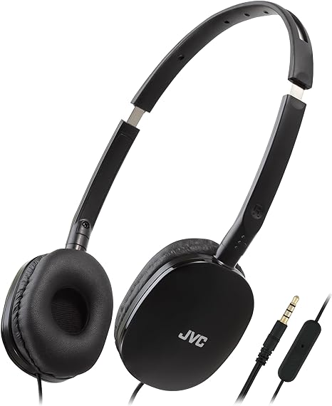 JVC Black Flat Foldable Colorful Flats On Ear Headphones with Remote and Microphone, 3.94 Foot Gold Plated 3.5mm Slim Plug - HAS160MB