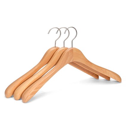 J.S. Hanger Beech Wooden Wide Shoulder Coat Hangers with Pearl Nickel Polished Hook, Natural, 3-Pack