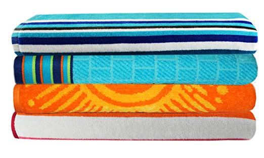 Cotton Craft - 4-Pack XL Assorted Velour Beach Towels - 39x68 Inches - 100% Cotton - Family Variety Towel Set