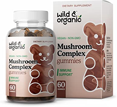 Wild & Organic Mushroom Gummies - Reishi, Chaga, Cordyceps, Maitake, Lion's Mane, Turkey Tail, Mesima, Shiitake, Agarikon, Oyster Blend - Brain Booster & Immune Support Supplement, 60 Chews per Bottle