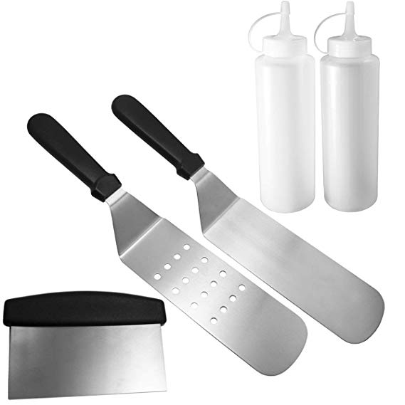 Broilmann Grill and Griddle Spatula Barbecue Tools Set (5 Piece),1 Chopper Scrapper   2 liquid Dispensers  2 Spatulas, Fits Blackstone Grill, Camp Chef Flat Top Grill and Other Grills