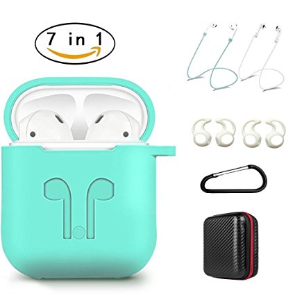 AirPods Case 7 In 1 Airpods Accessories Kits Protective Silicone Cover and Skin for Apple Airpods Charging Case with Airpods Ear Hook Airpods Staps/Airpods Clips/Skin/Tips/Keychain Green by Amasing