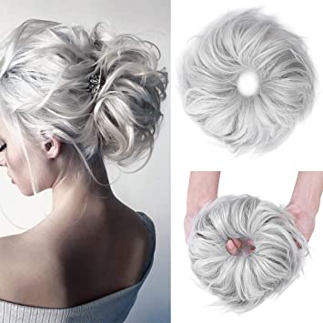 Hair Bun Hair Piece Messy Bun Hair Extension Updo Hairpieces Fluffy Tousled Scrunchy Synthetic Scrunchies Wavy Up Do Donut Wrap On Chignons Stretchy Elastic Ponytail For Women 45g #Silver Gray