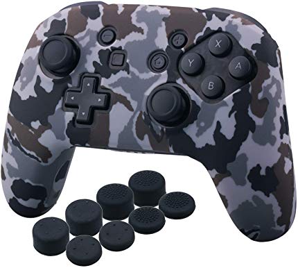YoRHa Studded Silicone Transfer Print Cover Skin Case ONLY for Nitendo OFFICIAL Switch Pro Controller x 1(Camouflage Grey) With Pro Thumb Grips x 8