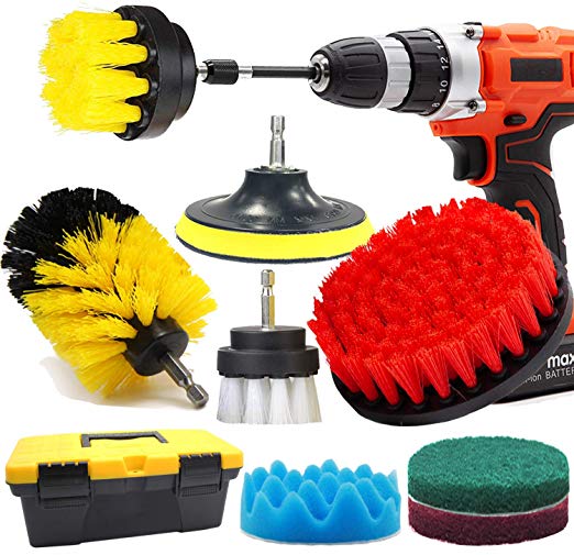 Drill Brush and Scrub Pads, GOH DODD 11 PCS Variety Power Scrubber Kit with Long Reach Attachment in Tool Box For Bathroom Shower Scrubbing, Carpet Cleaning, Grout Scrubbing, and Tile Cleaning